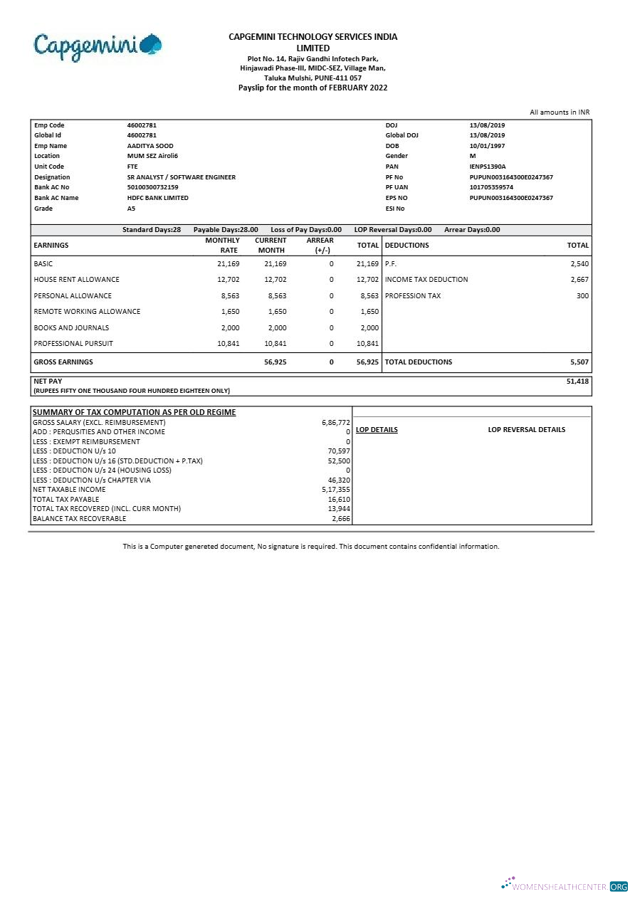 Download Capgemini Technology Services India payslip template in Word and PDF formats.pdf, 1 Photoshop template